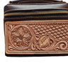 A leather crafting tooling panel with floral patterns on a white background.