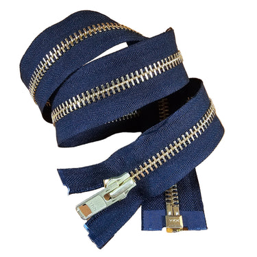 A 36 inch YKK brand chap jacket zipper in black and brass colors, displayed on a whitebackground.