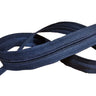 Navy blue nylon coil zipper by the yard, displayed on a white surface.