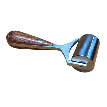 A heavy roller tool with a wooden handle and metal body, placed on a white background.