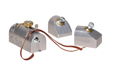 A combination beveler and lace cutter tool with attachments for different angles, primarily in silver color, with a leather lace running through it.