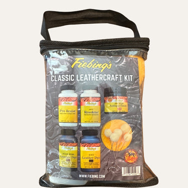 Fiebing's Classic Leathercraft Kit packaging with bottles and handle on a white background