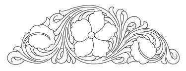 A black and white line drawing of a decorative floral pattern, intended for tooling or embossing on leather.