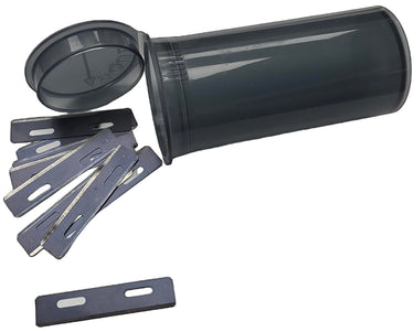 Set of metal blades with a clear plastic container on a white background