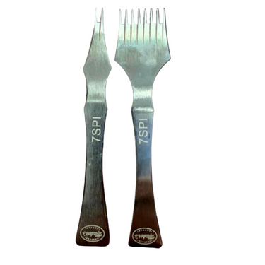 Two maker's leather supply branded pricking irons engraved with the text 7SPI indicating seven stitches per square inch.