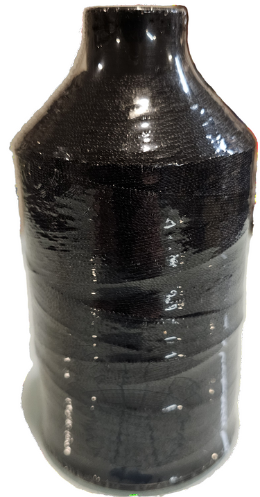 A spool of black bonded nylon thread for sewing machines against a white background.