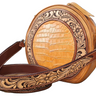 A tooled leather canteen purse with floral patterns and a round shape, featuring a shoulder strap.