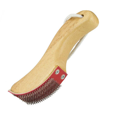 A wooden rougher tool used for texturing leather, with a wooden curved handle, and a metal detachable pad for the abrasive surface. Laid out on a white background.