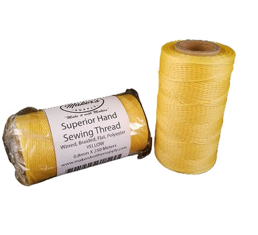 Two spools of MLS Superior Hand Sewing Thread, one displayed vertically and the other horizontally, showing the yellow color and branded label.