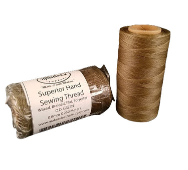 Two spools of MLS Superior Hand Sewing Thread, one standing upright and the other lying horizontally, in a shade of brown.