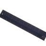 A navy blue 12 inch centering ruler with measurement markings, laying on a white background.