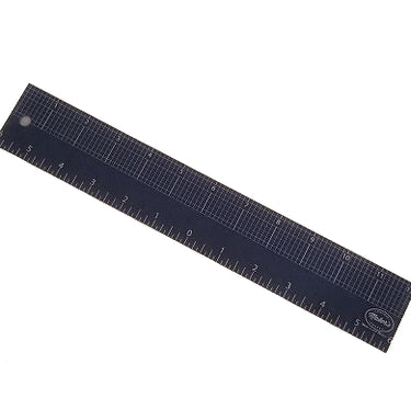 A navy blue 12 inch centering ruler with measurement markings, laying on a white background.