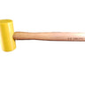 A premium yellow poly head tooling mallet with a wooden handle on a black background.