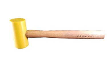 A premium yellow poly head tooling mallet with a wooden handle on a black background.
