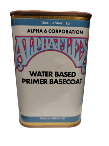 A can of Water Based Primer Basecoat by Alpha 6 Corporation designed for use over art on leather or canvas.