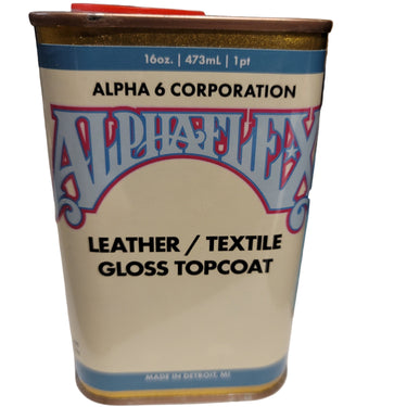 A can of Alpha 6 Leather / Textile Gloss Topcoat is displayed with branding and product information visible on the label.