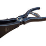 A pair of leather edge pliers with a black handle and metal construction, resting on a white background.
