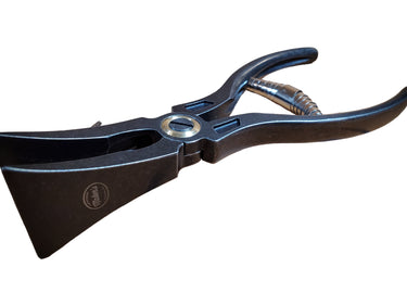 A pair of leather edge pliers with a black handle and metal construction, resting on a white background.