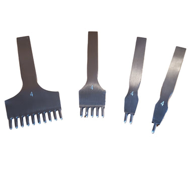 A set of four metal pricking irons with varying numbers of prongs, displayed on a white background.