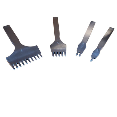 A set of four metal pricking irons with varying numbers of prongs, displayed on a white background.