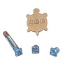 A collection of letter stamps made for leather crafting, displayed on a white background, with each stamp having a blue handle attached to a metallic letter head.