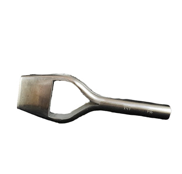 A metal bag punch tool resting against a white background.