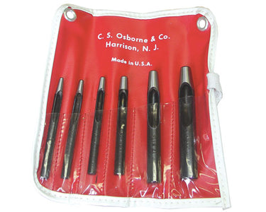 A set of six belt punches of varying sizes, displayed in a plastic pouch with a red background. The pouch is labeled with the brand C.S. Osborne & Co.