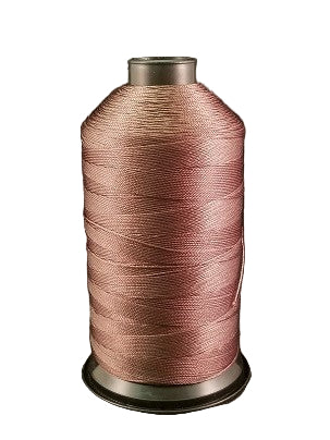 A spool of brown/chestnut bonded nylon thread on a white background.