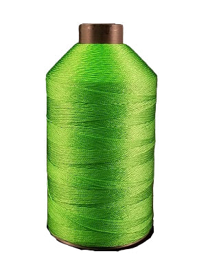 A spool of green bonded nylon thread for sewing machines.