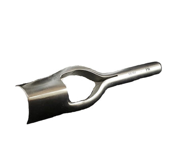 A metal strap end punch tool lying on a whit surface.