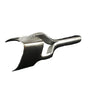 A metal strap end punch tool resting on a white background.