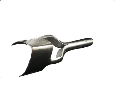 A metal strap end punch tool resting on a white background.