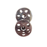 A pack of two metal bobbins for a sewing machine, visible through a clear plastic packaging.