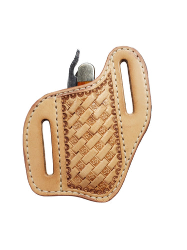 A leather pocket knife pouch with geometric stamping design, displayed on a white background.