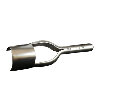 A metal round end punch tool resting on a white background.