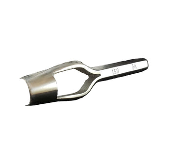 A metal round end punch tool resting on a white surface.