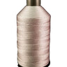 A spool of silver-colored bonded nylon thread for sewing machines.