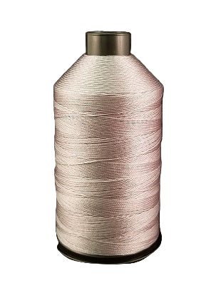 A spool of silver-colored bonded nylon thread for sewing machines.
