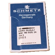 A pack of Schmetz sewing machine needles, size 24, displayed on a blue and white card with product information.