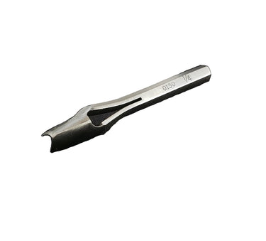 A metal strap end punch tool lying on a white background.