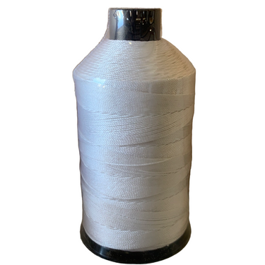 A spool of white bonded nylon thread for sewing machines on a white background.