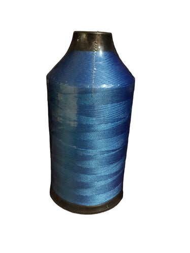 A spool of neon blue bonded nylon thread for sewing machines.
