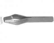 A silver-colored metal bag punch tool with a tapered edge and polished surface.