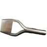 A large silver metal bag punch tool lying in front of a white background.