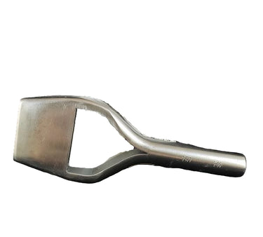 A large silver metal bag punch tool lying in front of a white background.