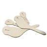 A set of two beige leather spur straps laid out on a white surface.