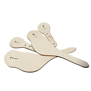 A set of two beige leather spur straps laid out on a white surface.