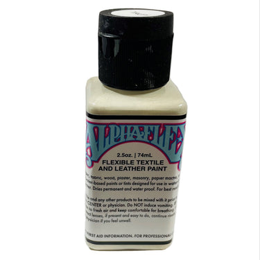 A bottle of Alpha 6 Leather Paint in Taupe color with a black cap. The bottle is labeled for flexible textile and leather use, showing product information and instructions.