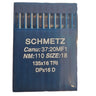 A pack of SCHMETZ sewing machine needles, with packaging displaying the brand, needle sizes, and other details.