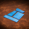 A set of blue acrylic templates used for making a custom money clip wallet. laid out on a brown textured leather background. 